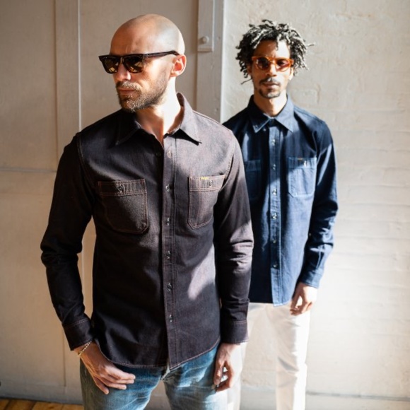 (NWT) Iron Heart 10oz Selvedge Denim Work Shirt - Indigo Overdyed Red (size M) - Picture 15 of 16